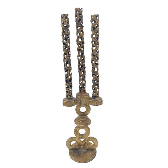 Vintage Gothic Brutalist Steampunk 3 Candle Metal Candelabra Pierced Design 16" - Picture 7 of 12